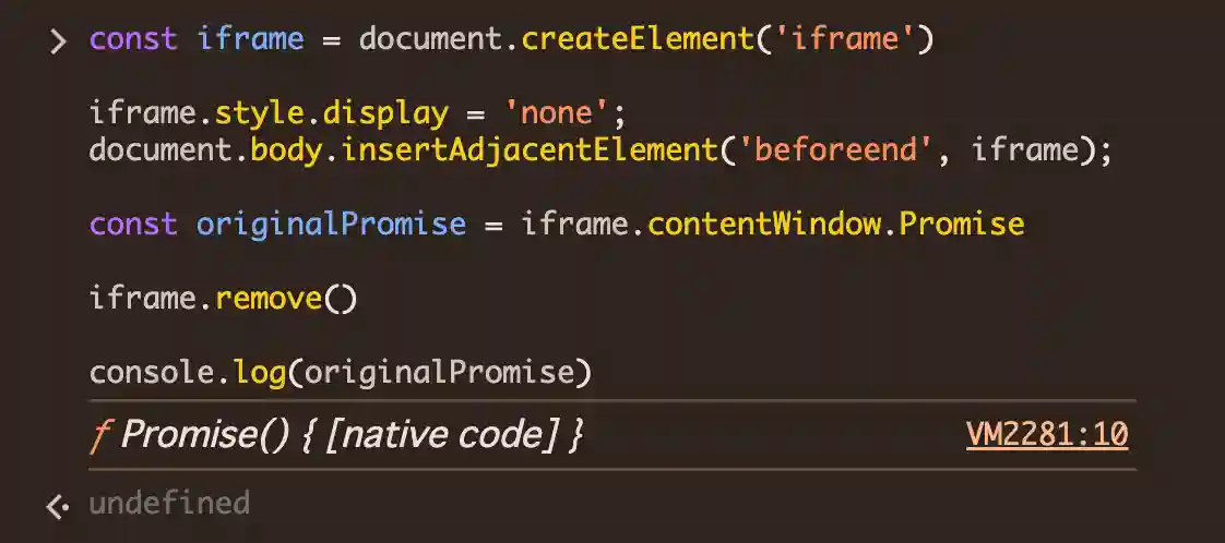 iframeを作ってプロトタイプを取り出すコードだけを実行したときのDevToolsの様子。nativeのプロトタイプが取り出せていることがわかる