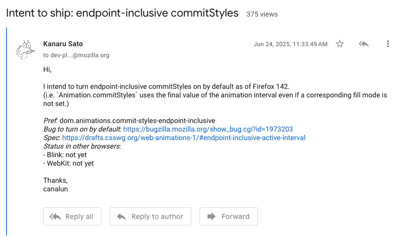 A screenshot of an email titled "Intent to Ship: endpoint-inclusive commitStyles" posted to the Mozilla mailing list, with the sender icon showing canalun.