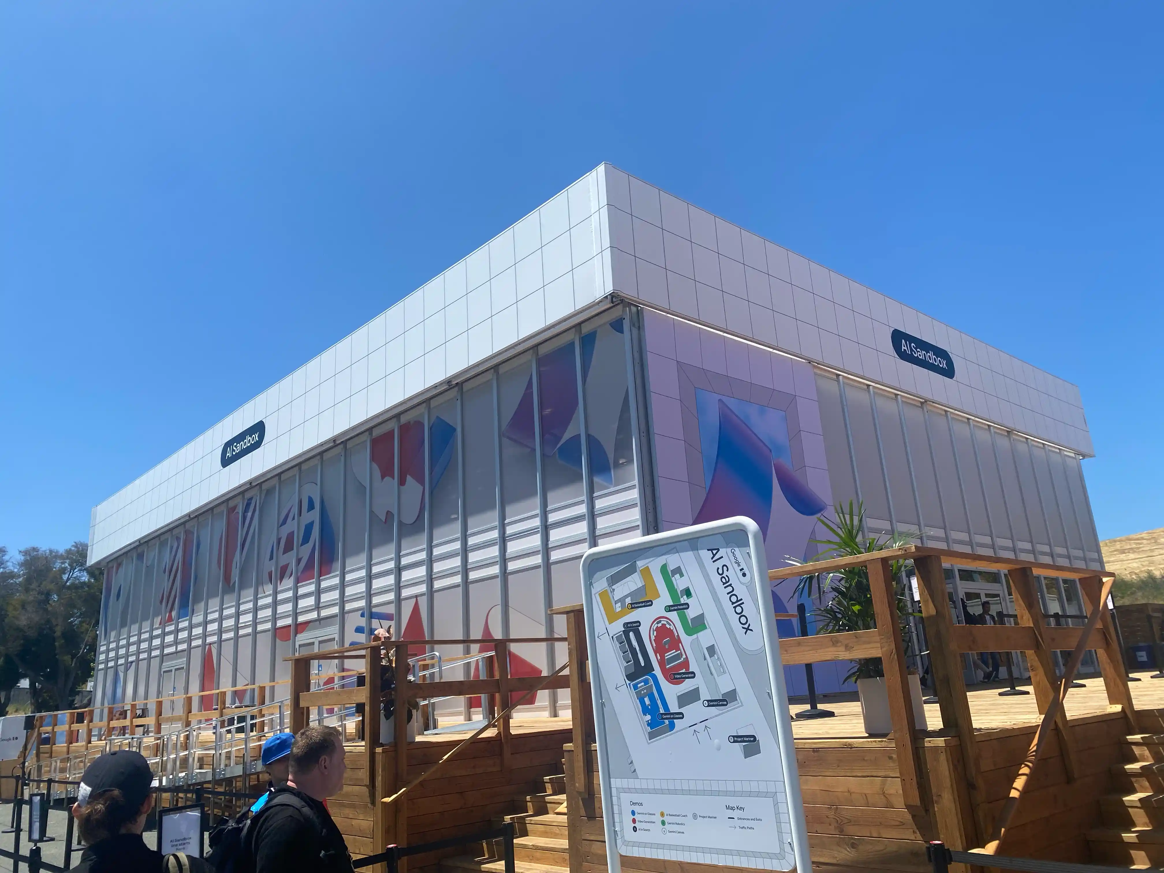 A large building labeled "AI sandbox." Various web-inspired icons are drawn on its walls.