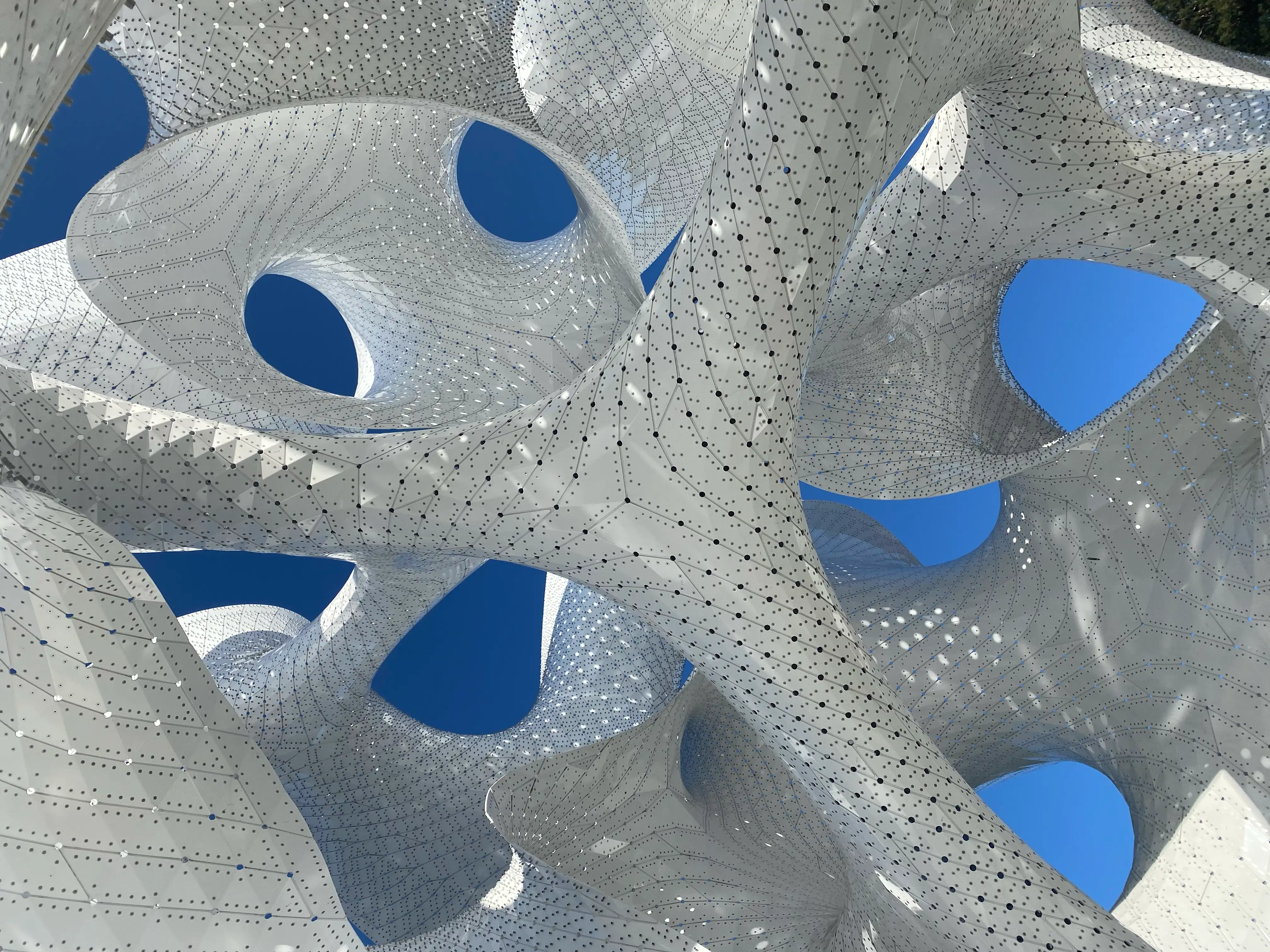 An object made of fine-holed white material with many intersecting curved forms, photographed from its interior