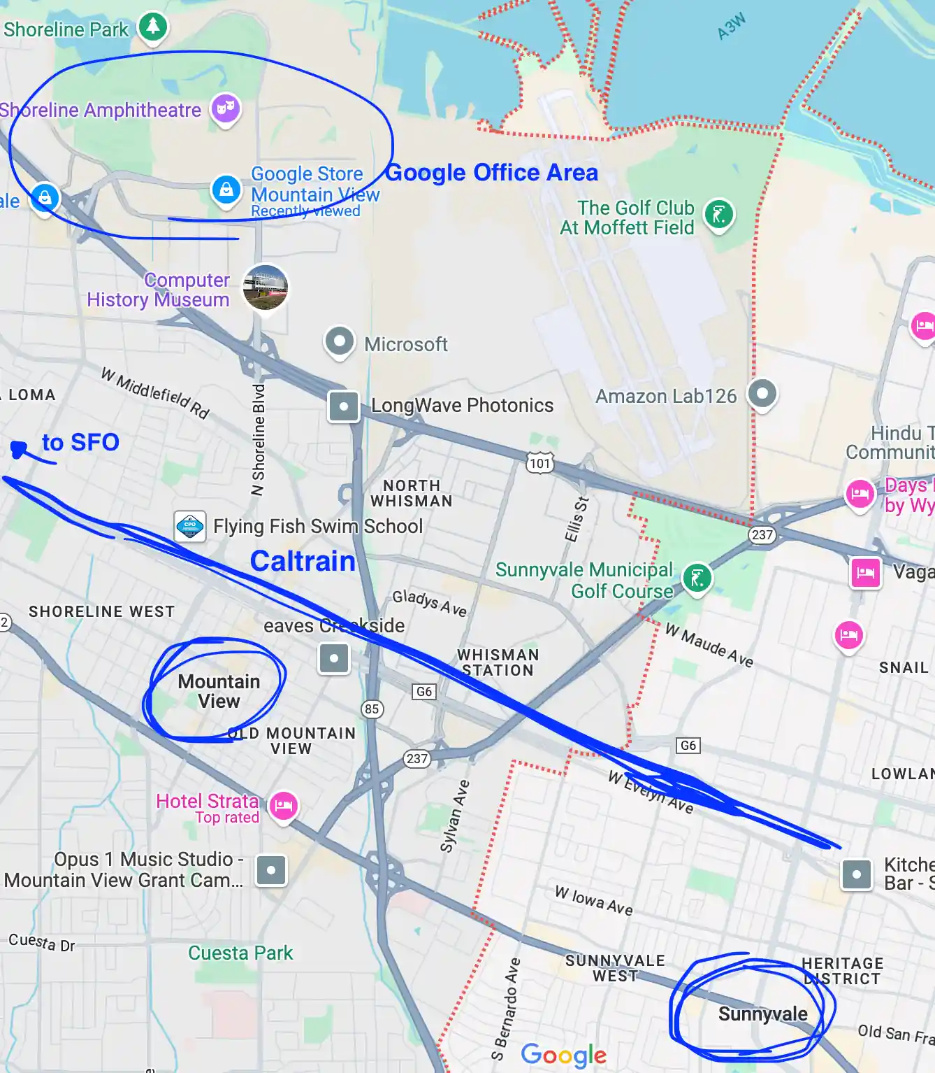 a map showing Mountain View, Sunnyvale, Shoreline, Caltrain