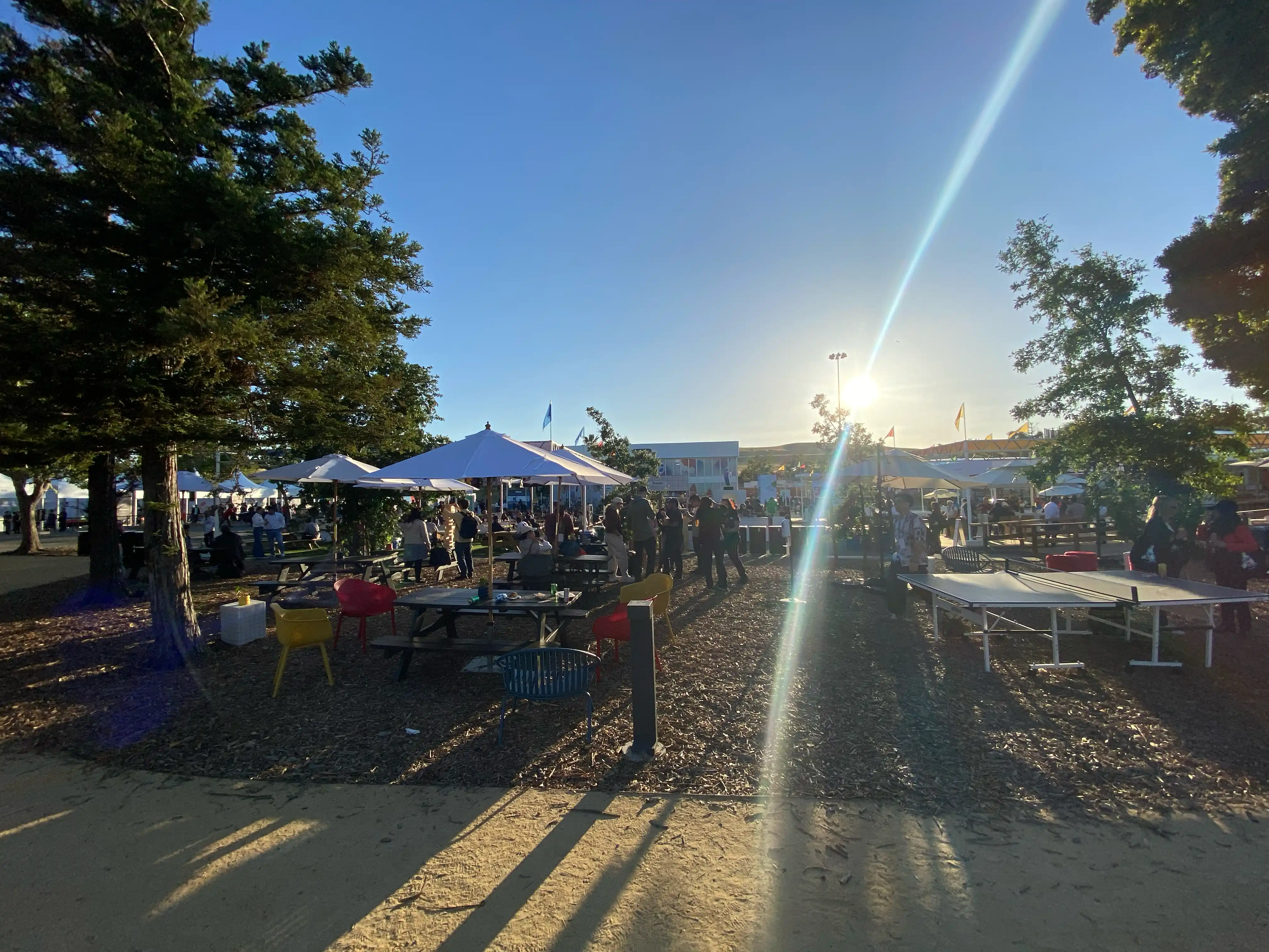 A photo taken from the venue in the evening, showing the low-lying sun. Many people are present.